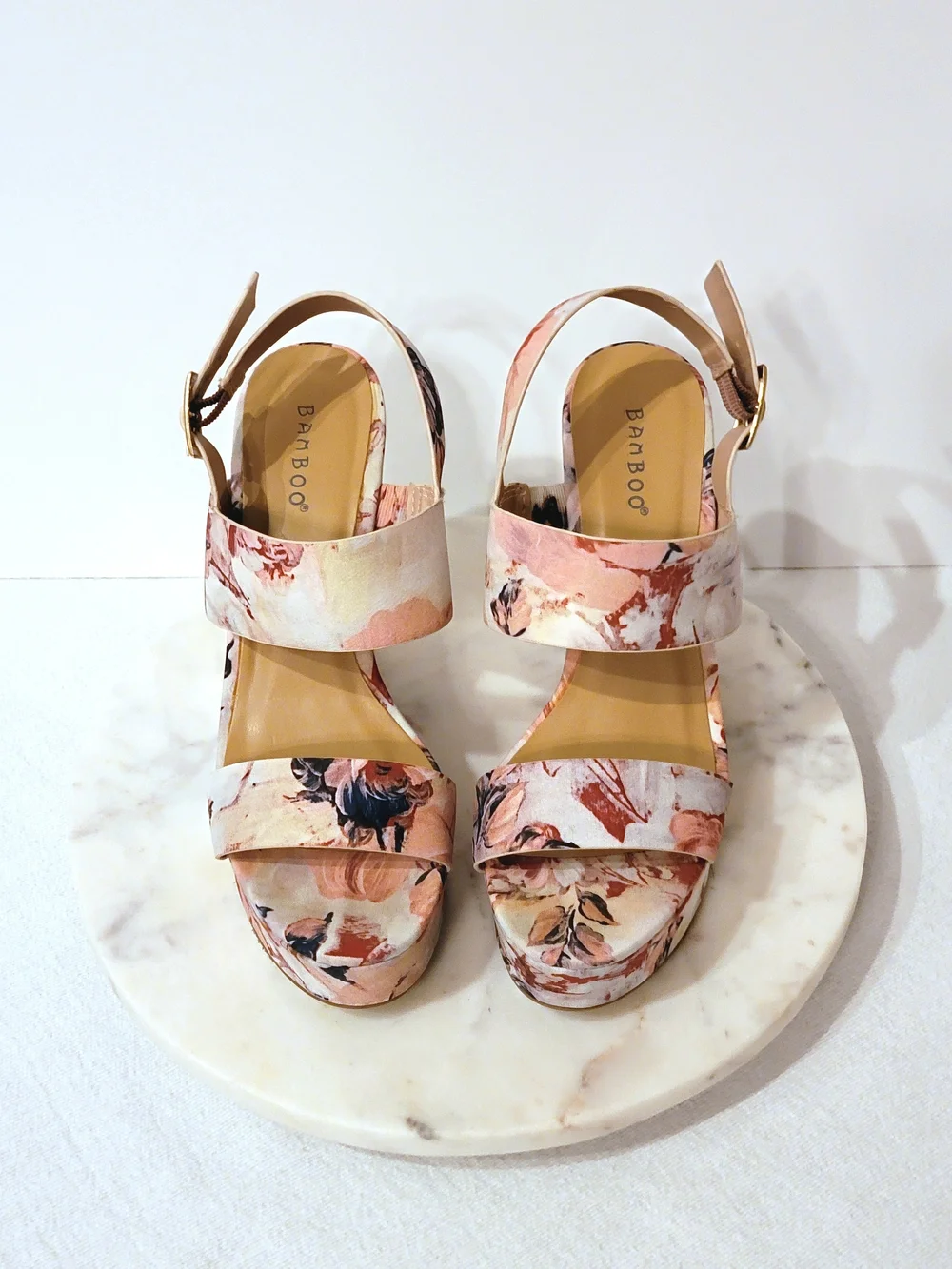 BAMBOO Peach Pastel Nude Pink Floral Blush Mauve Platform Wedge Slingback Heels